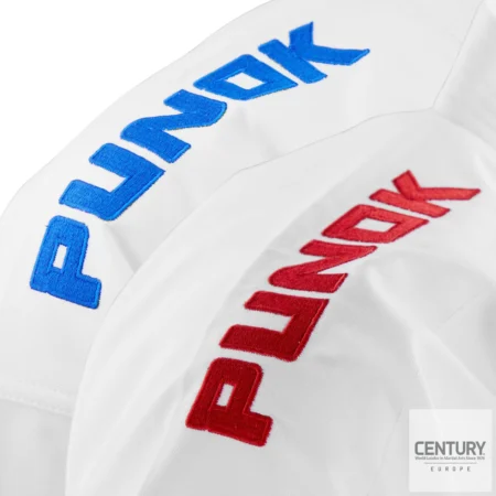Punok WKF Wettkampf Gold Kata Uniform 3 Teile Set weiß - Jacke (rot, blau) Ansicht Schulter Punok Logo Stickerei