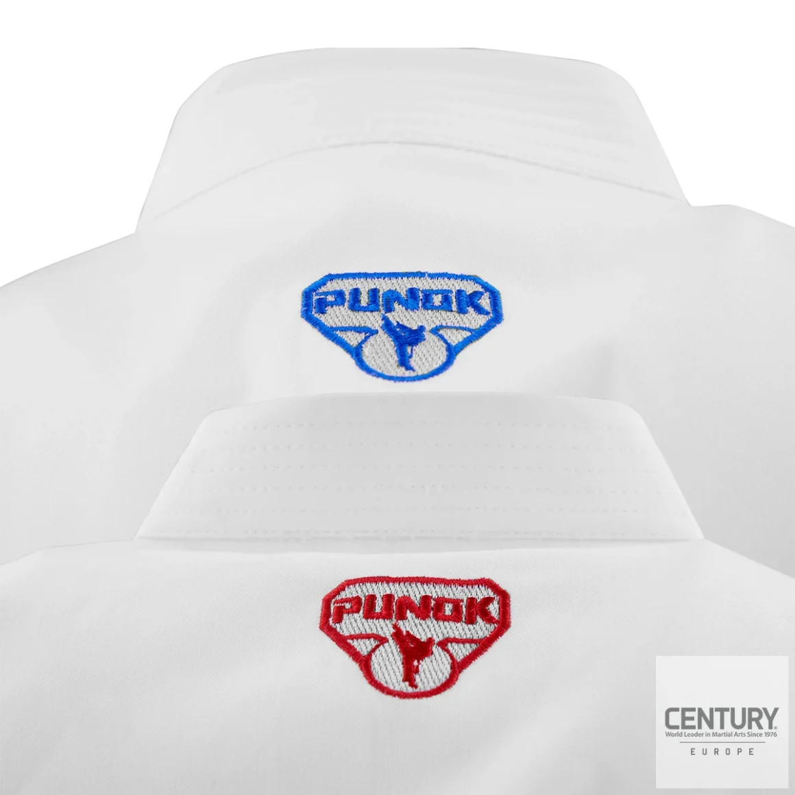 Punok WKF Wettkampf Gold Kata Uniform 3 Teile Set weiß - Jacke (rot, blau) Ansicht Rückseite Punok Logo Stickerei