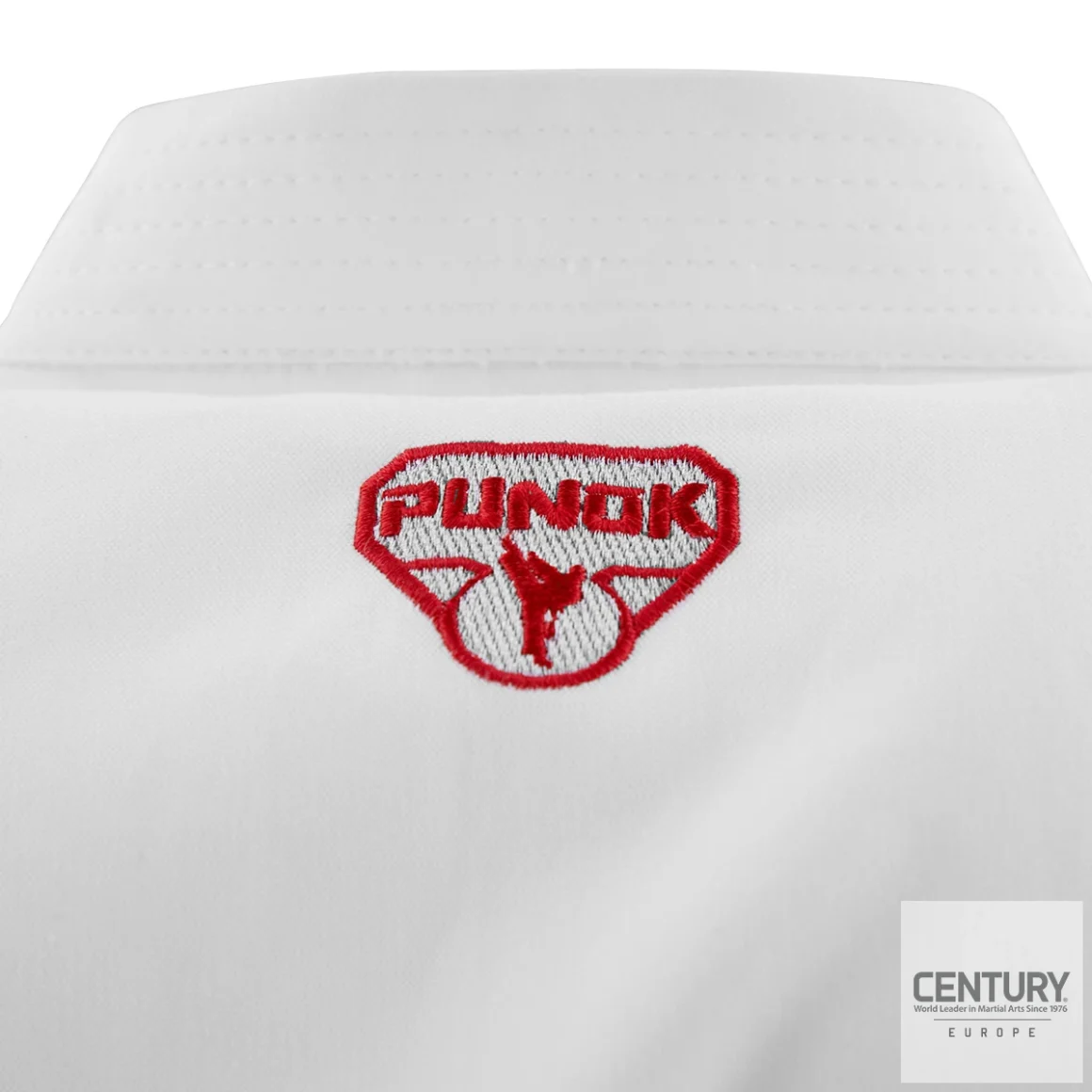 Punok WKF Wettkampf Gold Kata Uniform 3 Teile Set weiß - Jacke (rot) Ansicht Rückseite Punok Logo Stickerei