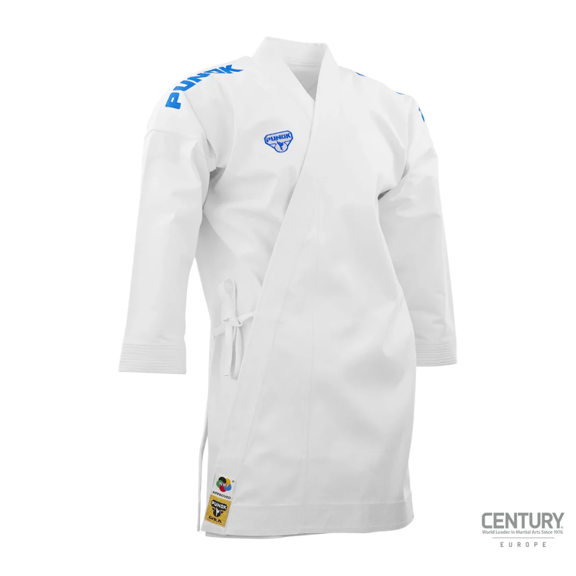 Punok WKF Wettkampf Gold Kata Uniform 3 Teile Set weiß - Jacke (blau) Vorderansicht links