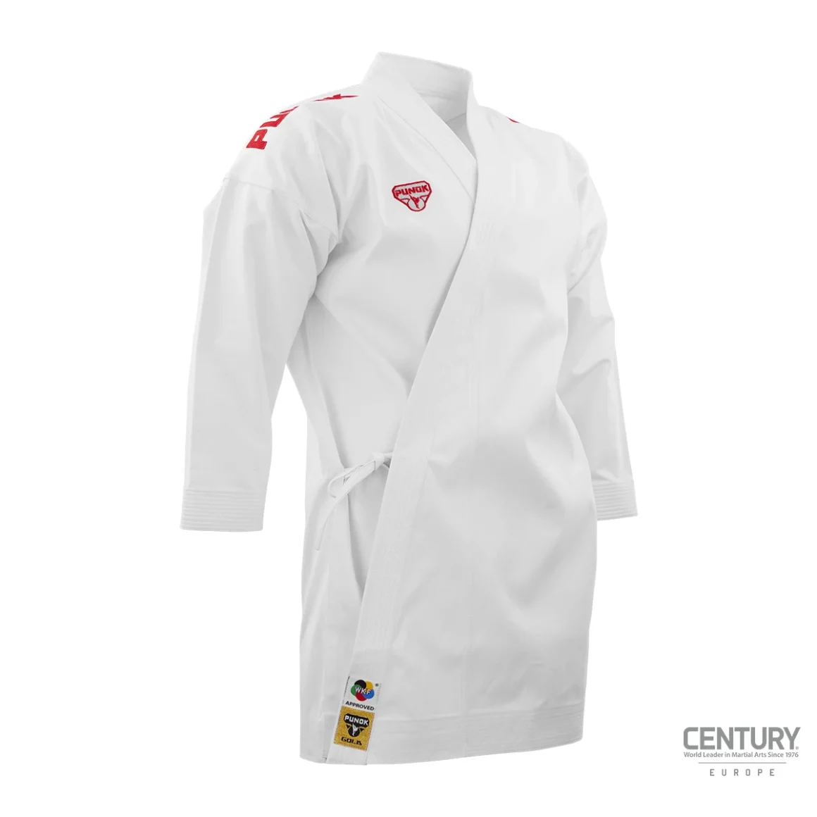 Punok WKF Wettkampf Gold Kata Uniform 3 Teile Set weiß - Jacke (rot) Vorderansicht links