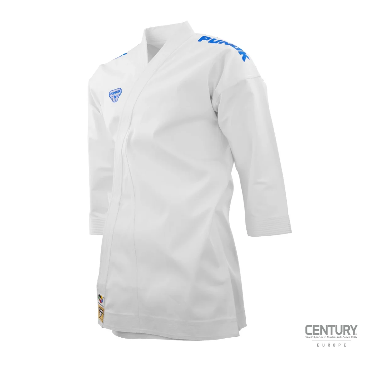 Punok WKF Wettkampf Gold Kata Uniform 3 Teile Set weiß - Jacke (blau) Vorderansicht rechts
