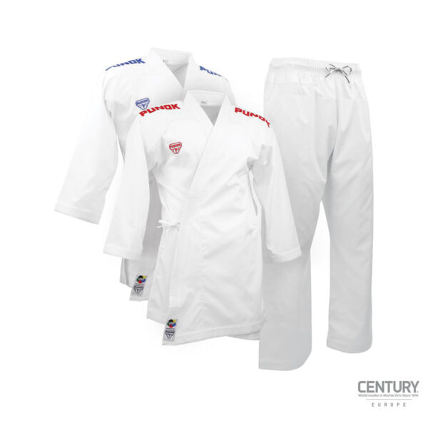 Punok WKF Wettkampf Kumite Uniform 3 Teile Set weiß - 2 Jacken weiß (rot, blau) und 1 Hose Vorderansicht