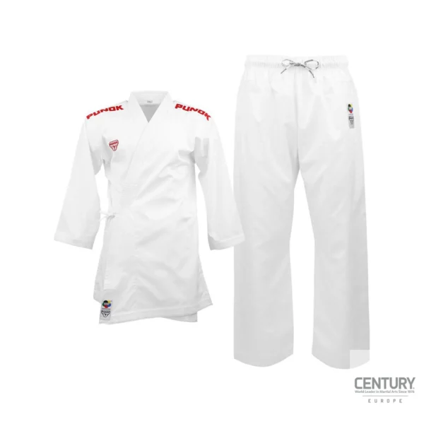 Punok WKF Wettkampf Kumite Uniform 3 Teile Set weiß - Jacke und Hose (rot Logo) Vorderansicht