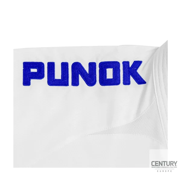 Punok WKF Wettkampf Kumite Uniform 3 Teile Set weiß - Jacke Nahaufnahme Logo Stickerei (blau)