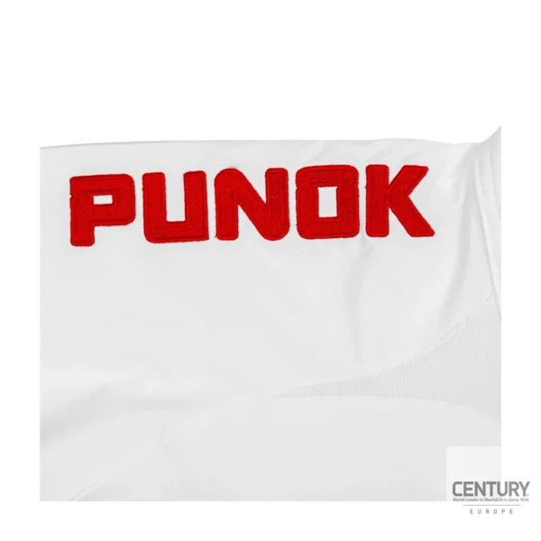 Punok WKF Wettkampf Kumite Uniform 3 Teile Set weiß - Jacke Nahaufnahme Logo Stickerei (rot)