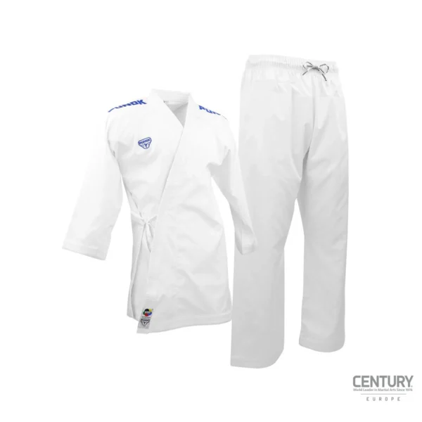 Punok WKF Wettkampf Kumite Uniform 3 Teile Set weiß - Jacke und Hose (blau Logo) Ansicht von vorne