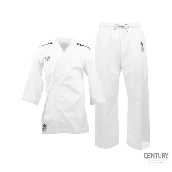 Punok WKF Wettkampf Kumite Uniform 3 Teile Set weiß - Jacke und Hose (blau Logo) Vorderansicht