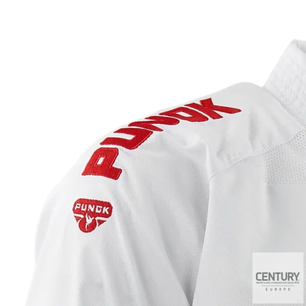 Century Punok WKF Wettkampf Kumite Uniform Takyon 3 Teile Set weiß - Jacke Schulter Logo Stickerei rot