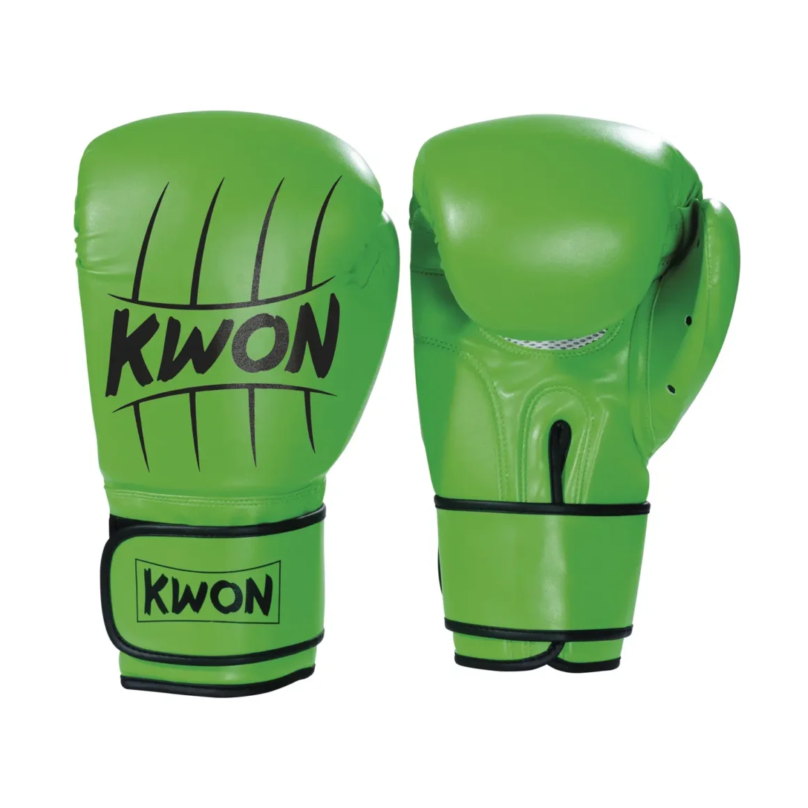 Kwon Boxhandschuhe Scratch Schwarz-Grün - Ansicht Paar Rückhand und Innenhand stehend