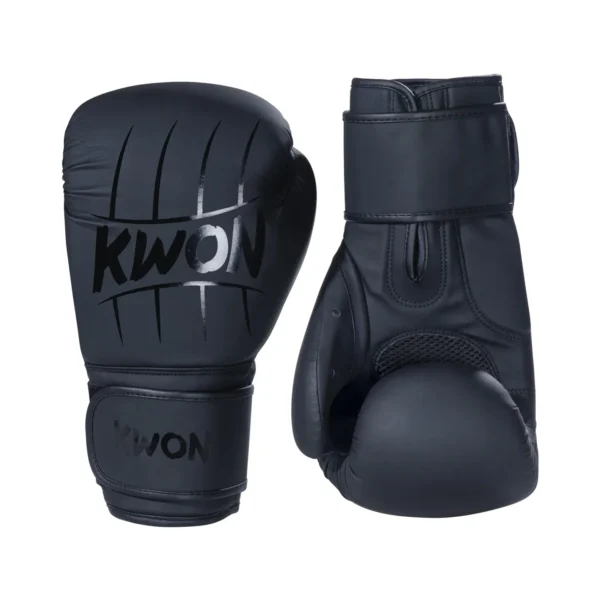 Kwon Boxhandschuhe Scratch Schwarz - Ansicht Paar Rückhand stehend und Innenhand auf Kopf stehend
