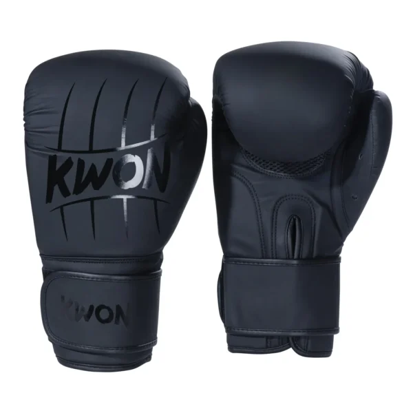 Kwon Boxhandschuhe Scratch Schwarz - Ansicht Paar Rückhand und Innenhand stehend