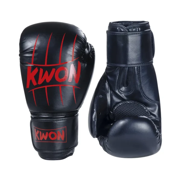 Kwon Boxhandschuhe Scratch Schwarz-Rot - Ansicht Paar Rückhand stehend und Innenhand auf Kopf stehend