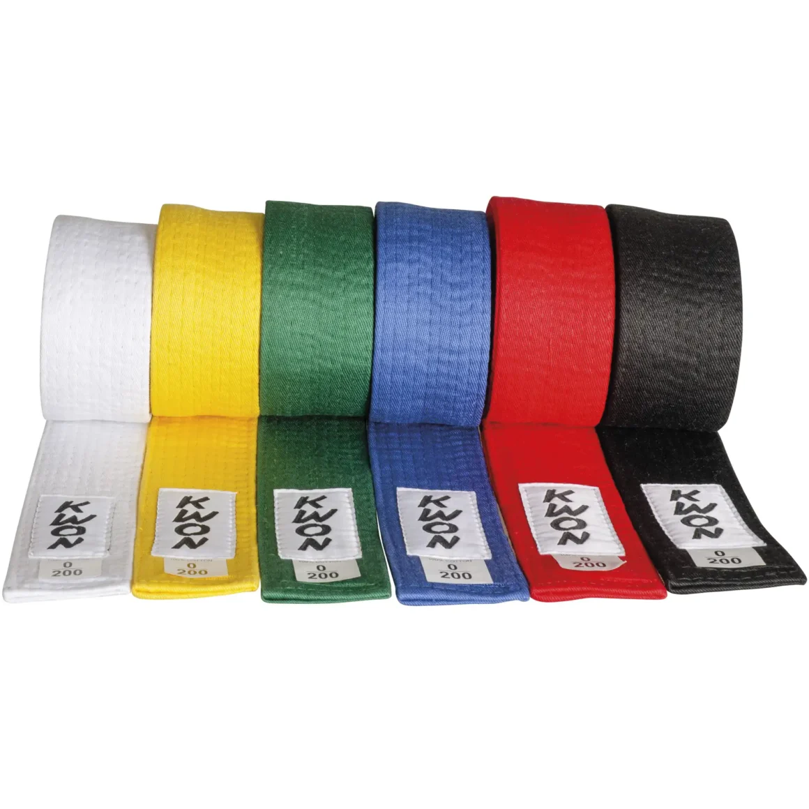 Kwon traditioneller Gürtel 5cm weiß, gelb, grün, blau, rot und schwarz - aufgerollt Vorderansicht