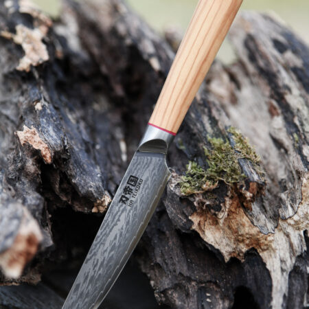 Ha Teikoku Allzweckmesser Damaststahl Olivenholz Griff - Messer lehnt an ein altes grause Holzstück auf einem Holztisch