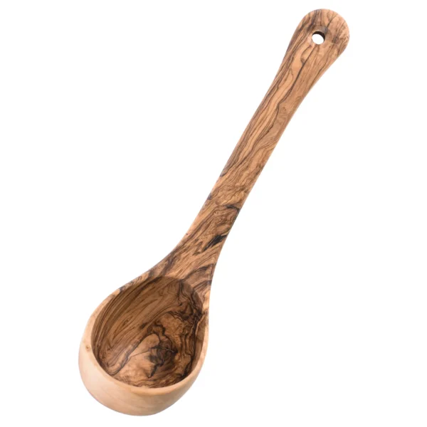 Battle Merchant Schöpfkelle Olivenholz ca. 26 cm - Kelle nach unten links gerichtet leicht gekippt nach vorne, auf einem weißen Hintergrund