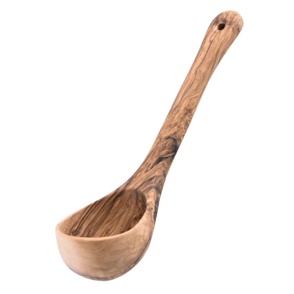 Battle Merchant Schöpfkelle Olivenholz ca. 26 cm - Kelle nach unten links gerichtet, auf einem weißen Hintergrund