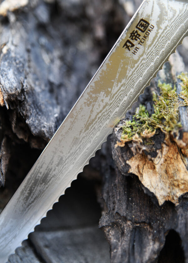 Ha Teikoku Brotmesser Damaststahl Olivenholz - Nahaufnahme Klinge lehnt an ein altes graues Stück Holz und einem Holztisch
