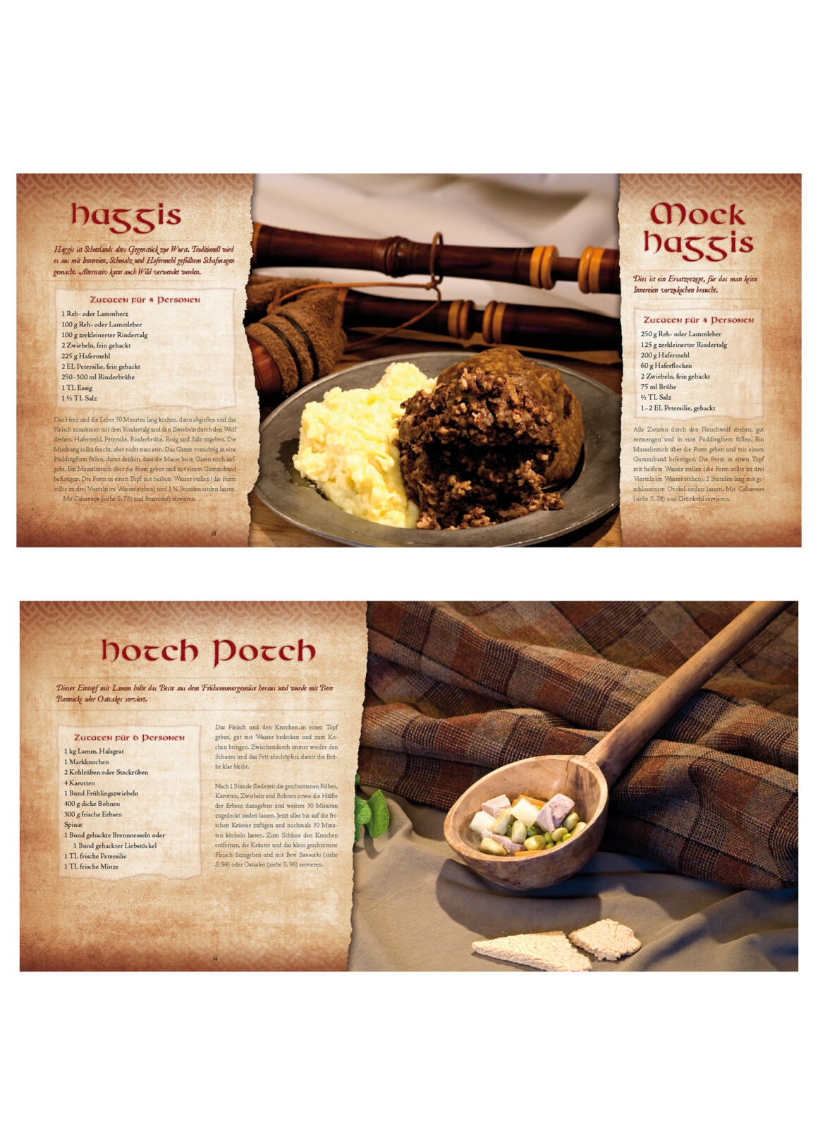 Das Highlander Kochbuch von Fiona Bondzio Bildausschnitt - Oben sind die traditionellen Gerichte „Haggis“ und „Mock Haggis“ mit Zutaten und Text auf Pergamenthintergrund abgebildet, daneben ein Teller mit Haggis und Kartoffelpüree sowie ein Dudelsack im Hintergrund. Unten: Rezeptseite für „Hotch Potch“ mit einer kleinen Holzschale voller Gemüsewürfel auf kariertem Stoff, daneben etwas Brot