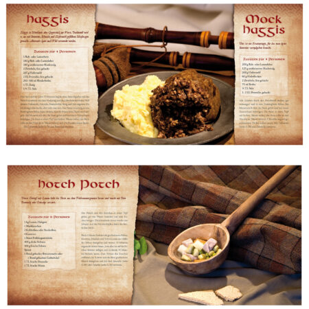 Das Highlander Kochbuch von Fiona Bondzio Bildausschnitt - Oben sind die traditionellen Gerichte „Haggis“ und „Mock Haggis“ mit Zutaten und Text auf Pergamenthintergrund abgebildet, daneben ein Teller mit Haggis und Kartoffelpüree sowie ein Dudelsack im Hintergrund. Unten: Rezeptseite für „Hotch Potch“ mit einer kleinen Holzschale voller Gemüsewürfel auf kariertem Stoff, daneben etwas Brot
