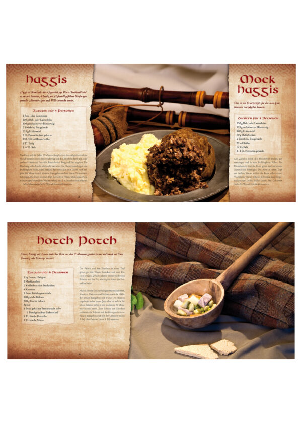 Das Highlander Kochbuch von Fiona Bondzio Bildausschnitt - Oben sind die traditionellen Gerichte „Haggis“ und „Mock Haggis“ mit Zutaten und Text auf Pergamenthintergrund abgebildet, daneben ein Teller mit Haggis und Kartoffelpüree sowie ein Dudelsack im Hintergrund. Unten: Rezeptseite für „Hotch Potch“ mit einer kleinen Holzschale voller Gemüsewürfel auf kariertem Stoff, daneben etwas Brot