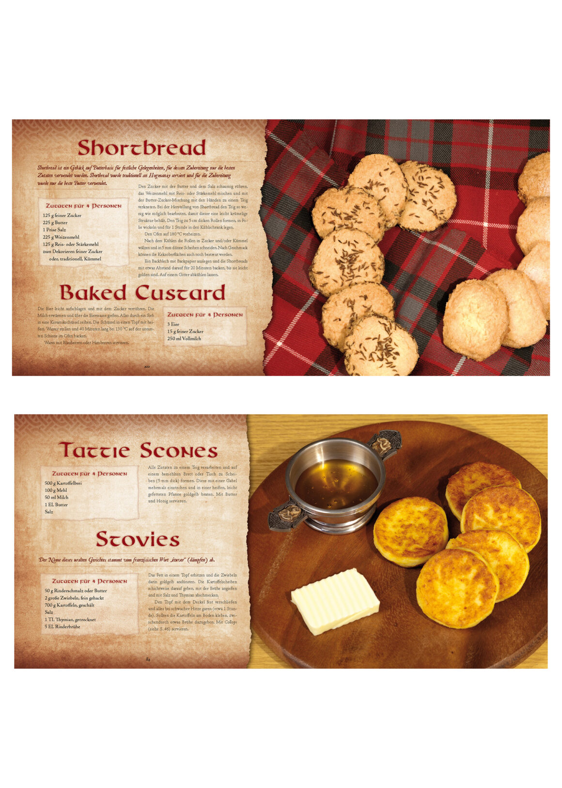 Das Highlander Kochbuch von Fiona Bondzio Bildausschnitt - Oben: Rezeptseiten für „Shortbread“ und „Baked Custard“, daneben Buttergebäck auf kariertem Tartan-Stoff. Unten: Rezeptseiten für „Tattie Scones“ und „Stovies“ mit einem Teller, auf dem goldbraune Scones, Butter und ein kleiner Metallbecher mit Honig zu sehen sind