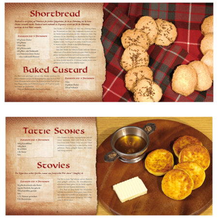 Das Highlander Kochbuch von Fiona Bondzio Bildausschnitt - Oben: Rezeptseiten für „Shortbread“ und „Baked Custard“, daneben Buttergebäck auf kariertem Tartan-Stoff. Unten: Rezeptseiten für „Tattie Scones“ und „Stovies“ mit einem Teller, auf dem goldbraune Scones, Butter und ein kleiner Metallbecher mit Honig zu sehen sind