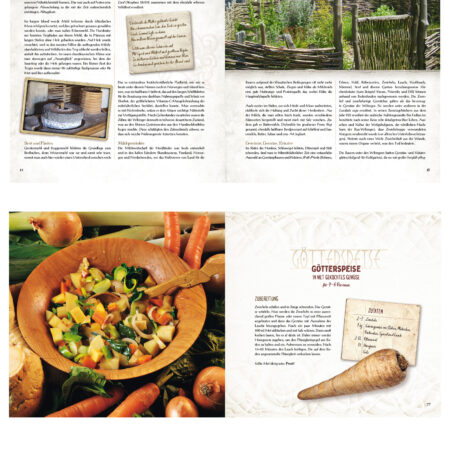 Das Wikinger Kochbuch - Doppelseitiger Buchausschnitt mit Rezeptinhalten und Fotos aus einem historischen Kochbuch. Oben sind Textseiten mit einem alten Mühlstein, handschriftlichen Notizen und einem Kräutergarten zu sehen. Unten ist ein buntes Gemüsegericht in einer Holzschale mit Möhren, Pastinaken und Lauch abgebildet, daneben ein Rezept mit dem Titel „Götterspeise“ und einer Pastinake