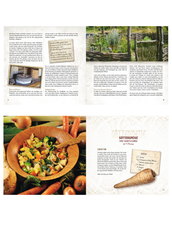 Das Wikinger Kochbuch - Doppelseitiger Buchausschnitt mit Rezeptinhalten und Fotos aus einem historischen Kochbuch. Oben sind Textseiten mit einem alten Mühlstein, handschriftlichen Notizen und einem Kräutergarten zu sehen. Unten ist ein buntes Gemüsegericht in einer Holzschale mit Möhren, Pastinaken und Lauch abgebildet, daneben ein Rezept mit dem Titel „Götterspeise“ und einer Pastinake