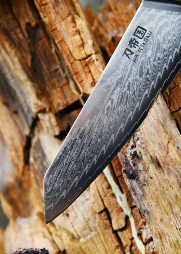 Ha Teikoku Kochmesser 16,5 cm Klingenlänge Damaststahl - Nahaufnahme Klinge des Messer liegt auf einem nassen Holzscheidt
