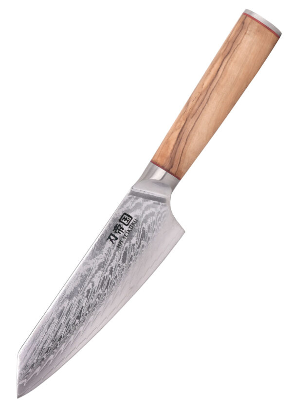 Ha Teikoku Kochmesser 16,5 cm Klingenlänge Damaststahl - Messer schräg nach links unten gerichtet auf einem weißen Hintergrund