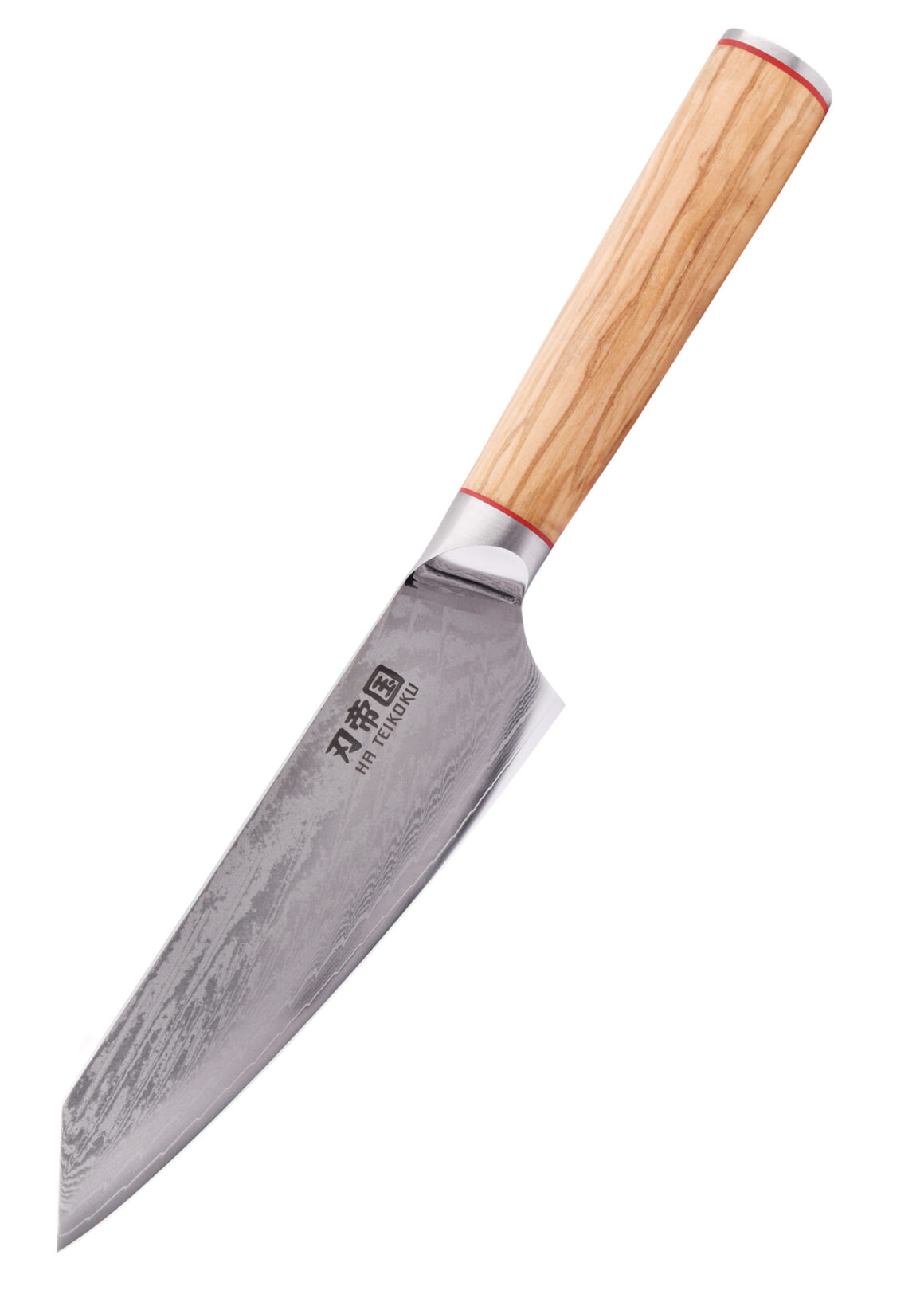 Ha Teikoku Kochmesser, 20 cm Klingenlänge, Damaststahl Olivenholz - Klinge zeigt nach links unten, auf einem weißen Hintergrund