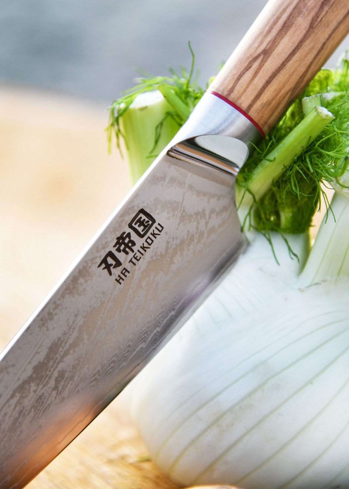 Ha Teikoku Kochmesser, 20 cm Klingenlänge, Damaststahl Olivenholz - Klinge lehnt an einem Fenchel, auf einem Holzbrett