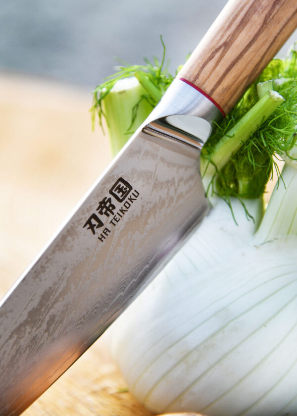 Ha Teikoku Kochmesser, 20 cm Klingenlänge, Damaststahl Olivenholz - Klinge lehnt an einem Fenchel, auf einem Holzbrett
