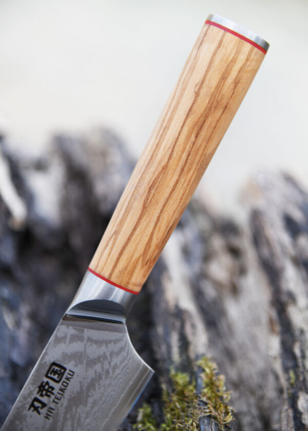 Ha Teikoku Kochmesser, 20 cm Klingenlänge, Damaststahl Olivenholz - Nahaufnahme Griff und Klinge lehnt an ein altes graues Holzstück, auf einem Holztisch