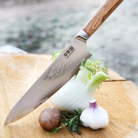 Ha Teikoku Kochmesser 24 cm Klingenlänge Damaststahl - Messer liegt an einem Fenchel mit Knoblauch, Kartoffel und Kräutern an und zeigt mit der Messerspitze auf eine Baumscheibe, steiniger Hintergrund verschwommen