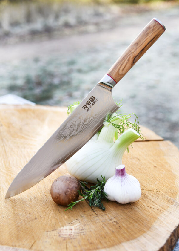 Ha Teikoku Kochmesser 24 cm Klingenlänge Damaststahl - Messer liegt an einem Fenchel mit Knoblauch, Kartoffel und Kräutern an und zeigt mit der Messerspitze auf eine Baumscheibe, steiniger Hintergrund verschwommen