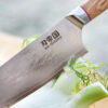 Ha Teikoku Kochmesser 24 cm Klingenlänge Damaststahl - Nahaufname Klinge liegt an einem Fenchel an, der Hintergrund verschwommen