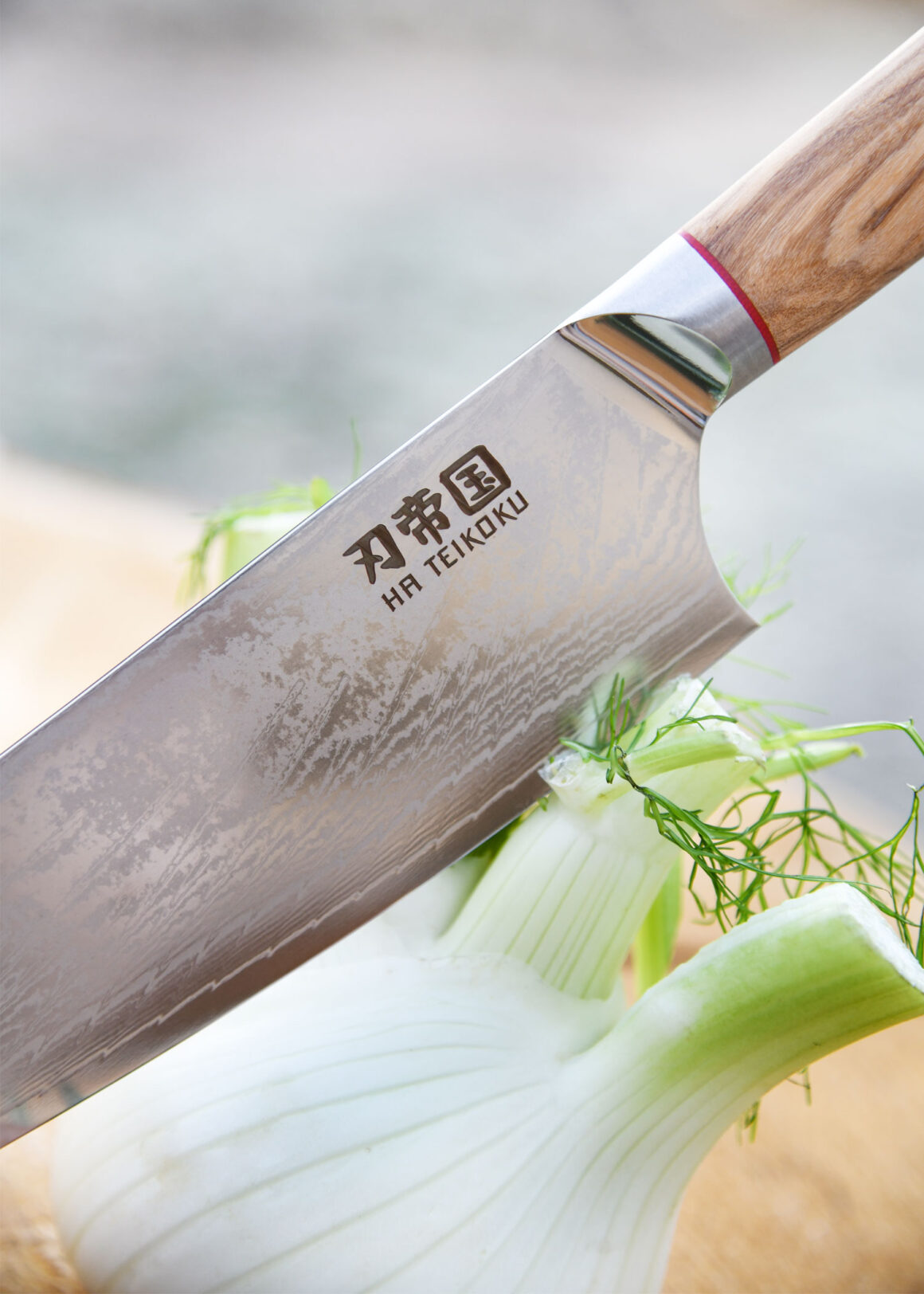 Ha Teikoku Kochmesser 24 cm Klingenlänge Damaststahl - Nahaufname Klinge liegt an einem Fenchel an, der Hintergrund verschwommen