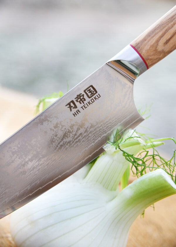 Ha Teikoku Kochmesser 24 cm Klingenlänge Damaststahl - Nahaufname Klinge liegt an einem Fenchel an, der Hintergrund verschwommen