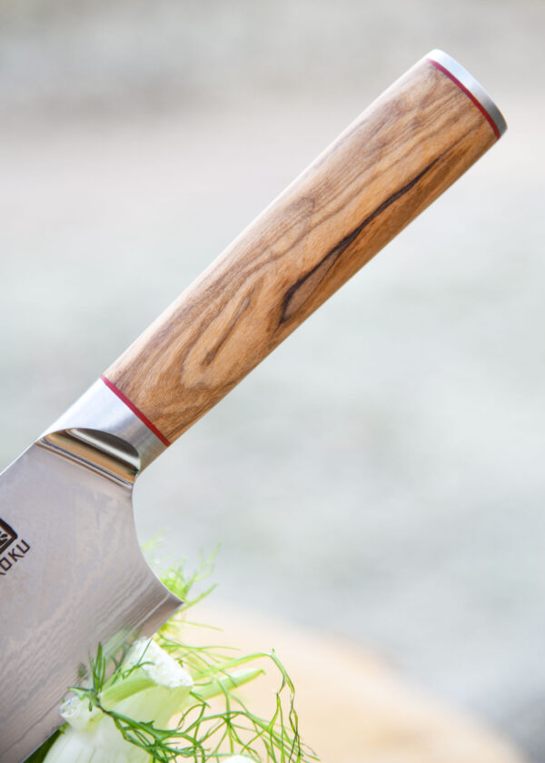 Ha Teikoku Kochmesser 24 cm Klingenlänge Damaststahl - Nahaufname Griff mit teil Klinge liegt an einem Fenchel an, der Hintergrund verschwommen