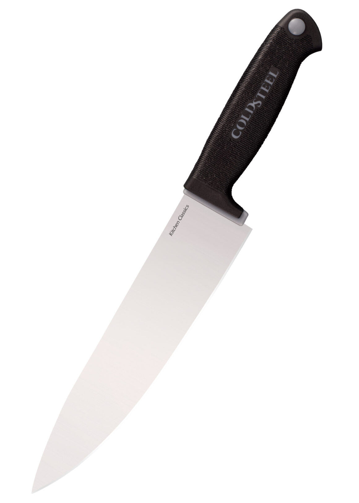 Cold Steel Kochmesser Kitchen Classics mit optimiertem Griff in schwarz - Klinge nach unten links gerichtet auf einem weißen Hintergrund