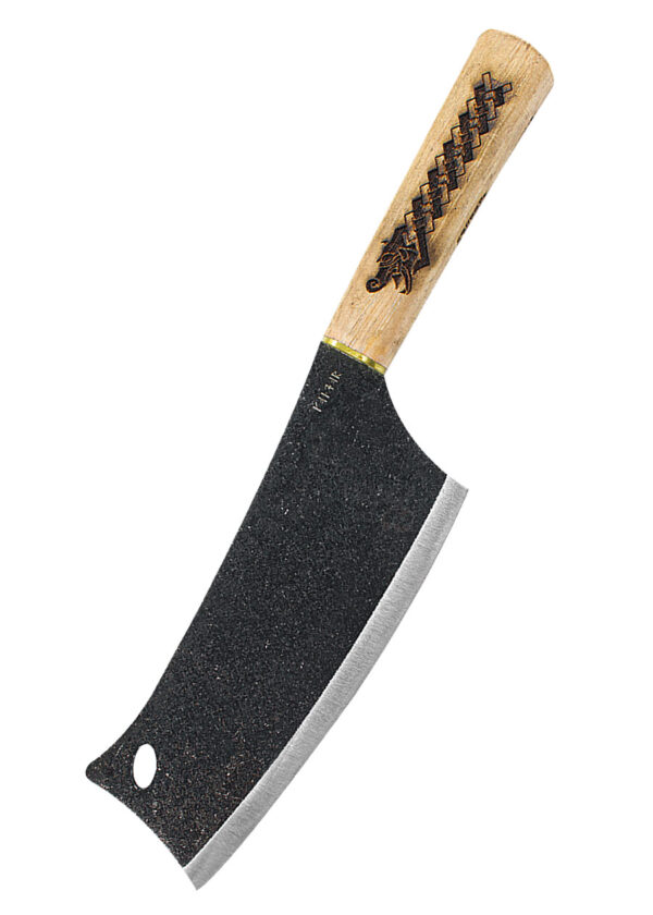 Condor Norse Dragon Cleaver Carbonstahl Hickoryholz - Klinge nach unten links zeigend, auf einem weißen Hintergrund