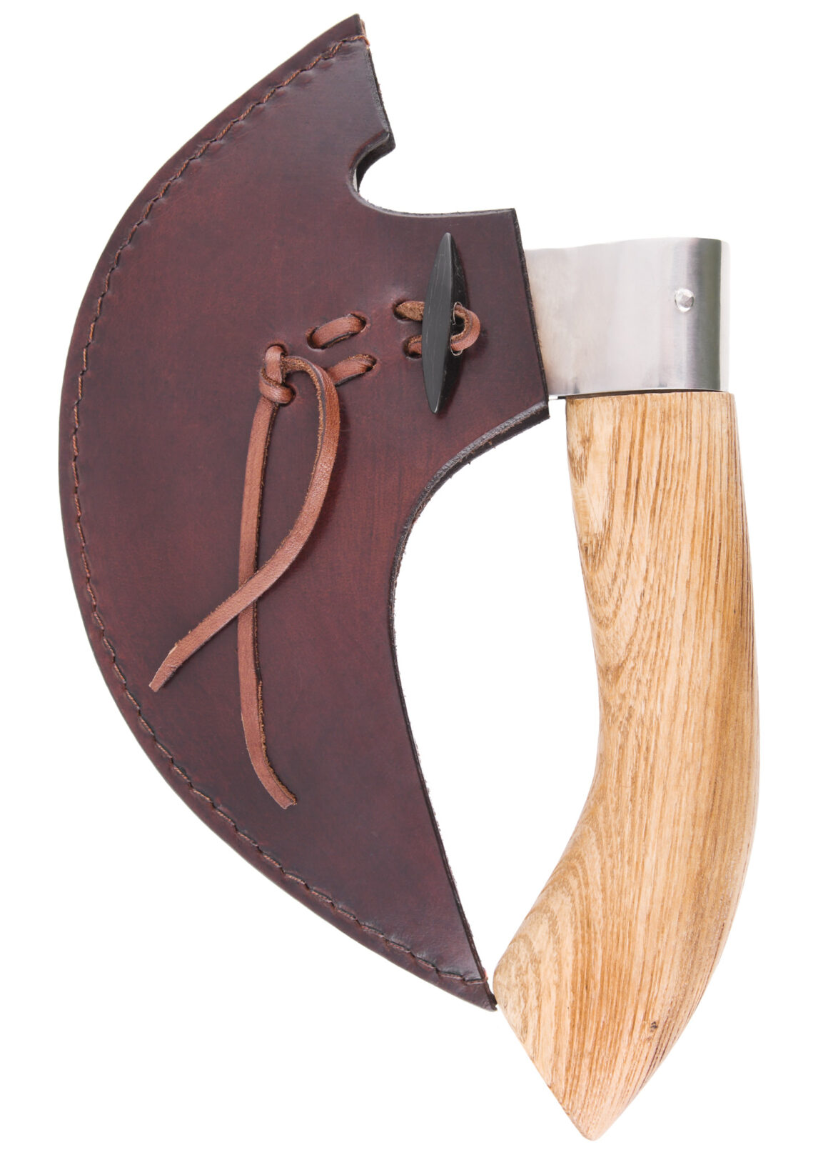 Battle Merchant Pizzaschneider Wiegemesser Wikinger Bartaxt für Pizza und Kräuter Edelstahl, Eschenholz - mit Lederhülle, Seitenansicht auf weißem Hintergrund