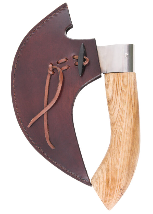Battle Merchant Pizzaschneider Wiegemesser Wikinger Bartaxt für Pizza und Kräuter Edelstahl, Eschenholz - mit Lederhülle, Seitenansicht auf weißem Hintergrund