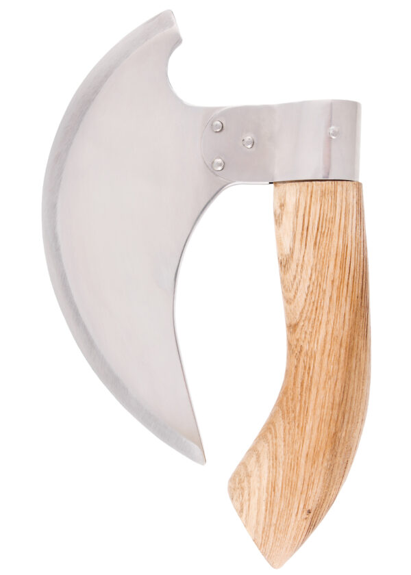 Battle Merchant Pizzaschneider Wiegemesser Wikinger Bartaxt für Pizza und Kräuter Edelstahl, Eschenholz - Seitenansicht auf weißem Hintergrund
