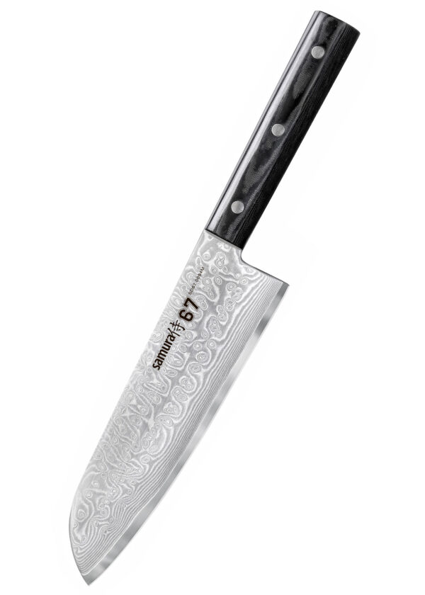 Samura Damascus 67 Santoku 7,0 Zoll, 175 mm Micarta Griff - Klinge nach links unten zeigend, auf einem weißen Hintergrund