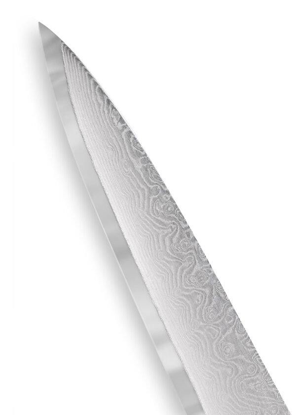 Samura DAMASCUS 67 Schinkenmesser 7,7 Zoll / 195 mm - Nahaufnahme Klinge schräg nach oben links zeigend im Bild
