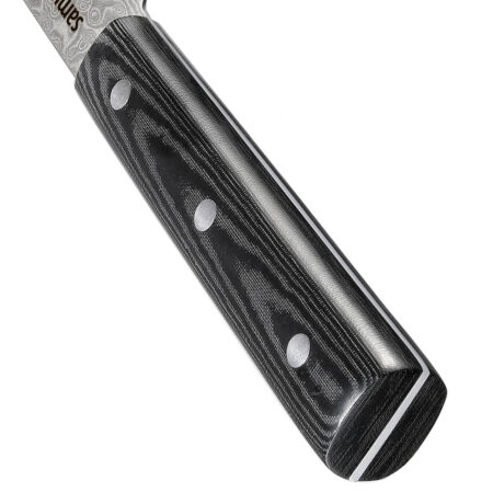 Samura DAMASCUS 67 Schinkenmesser 7,7 Zoll / 195 mm - Nahaufnahme Griff schräg nach oben links zeigend