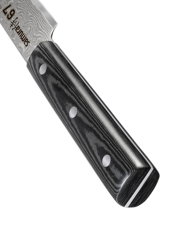 Samura DAMASCUS 67 Schinkenmesser 7,7 Zoll / 195 mm - Nahaufnahme Griff schräg nach oben links zeigend